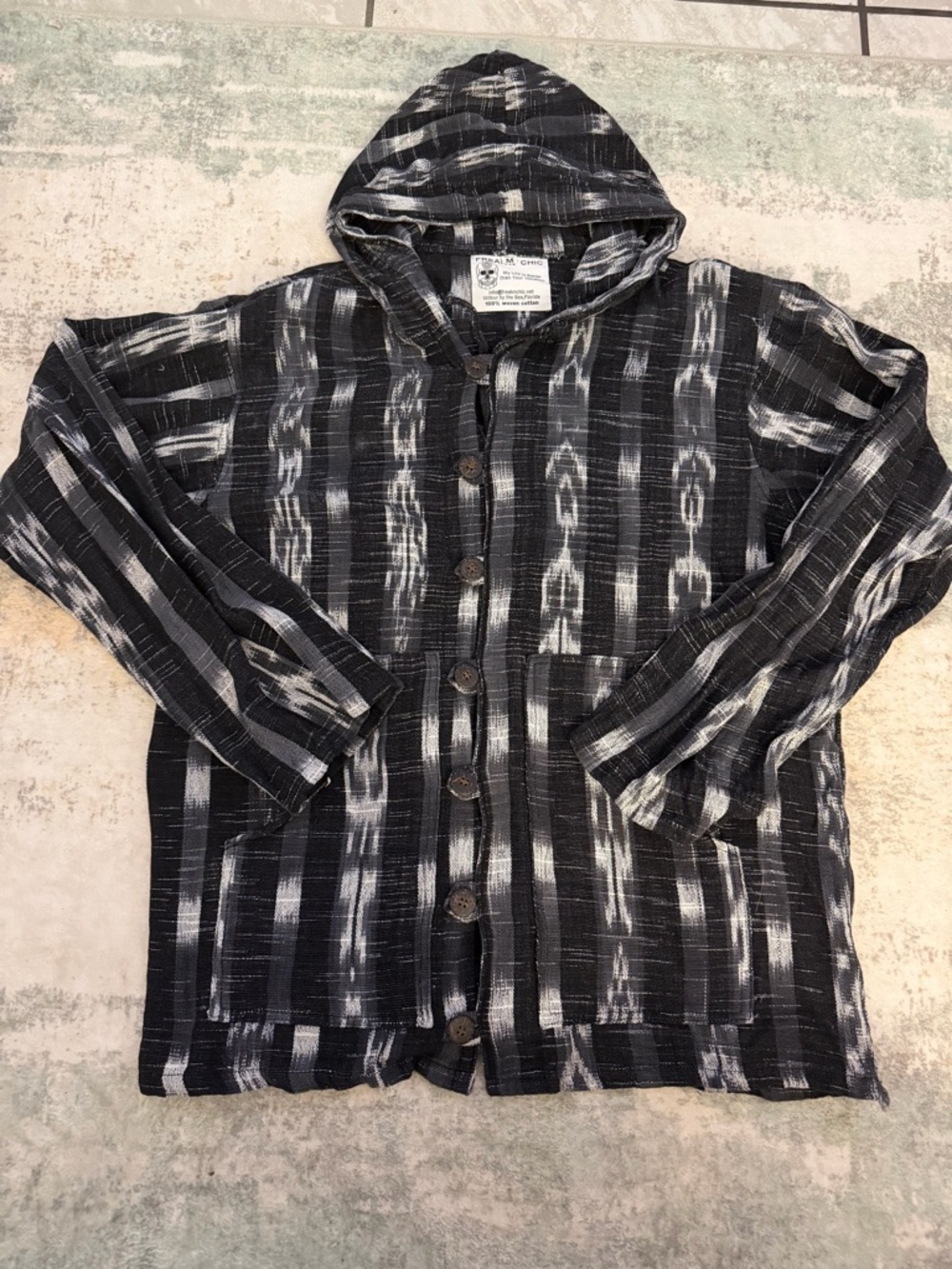 Men’s Woven Cotton Lightweight Black & White Button Up Hooded Jacket Sz Med